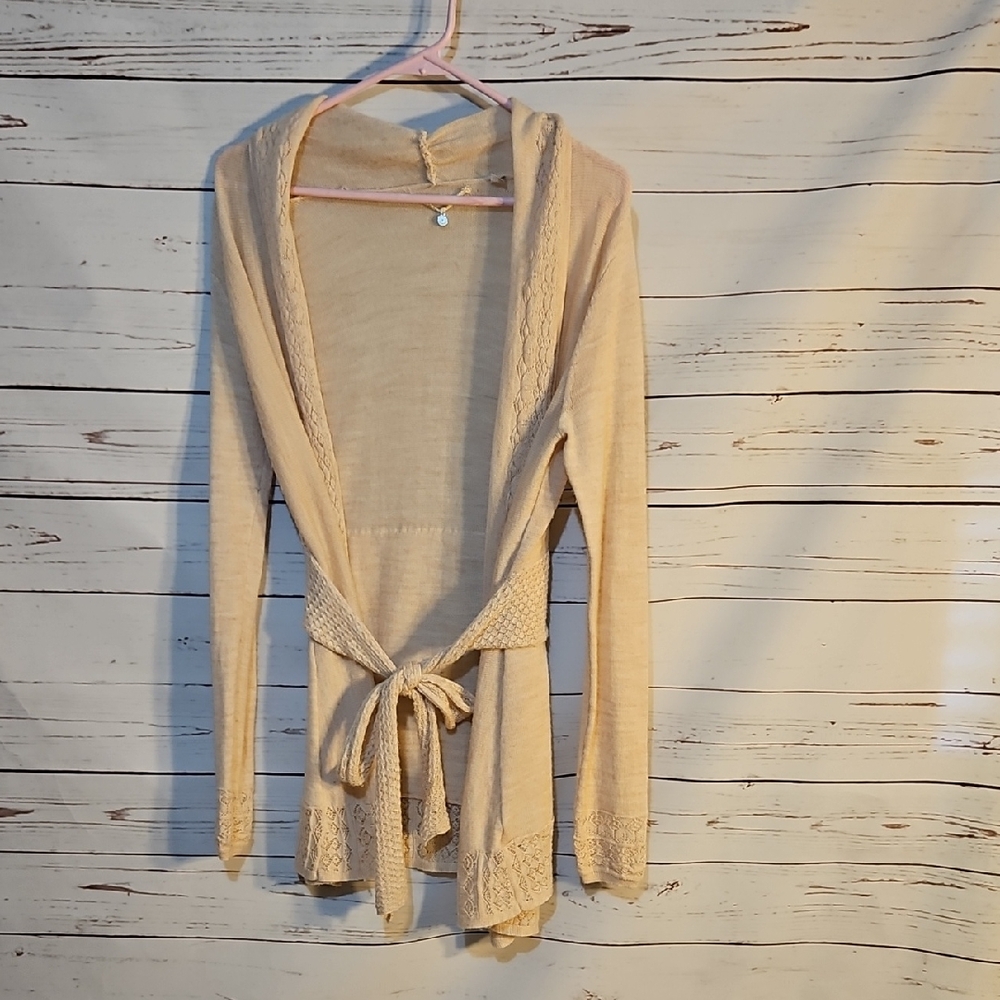 Knitted & Knotted Beige Cardigan Sweater‎ Tie Front Open Knit Small S